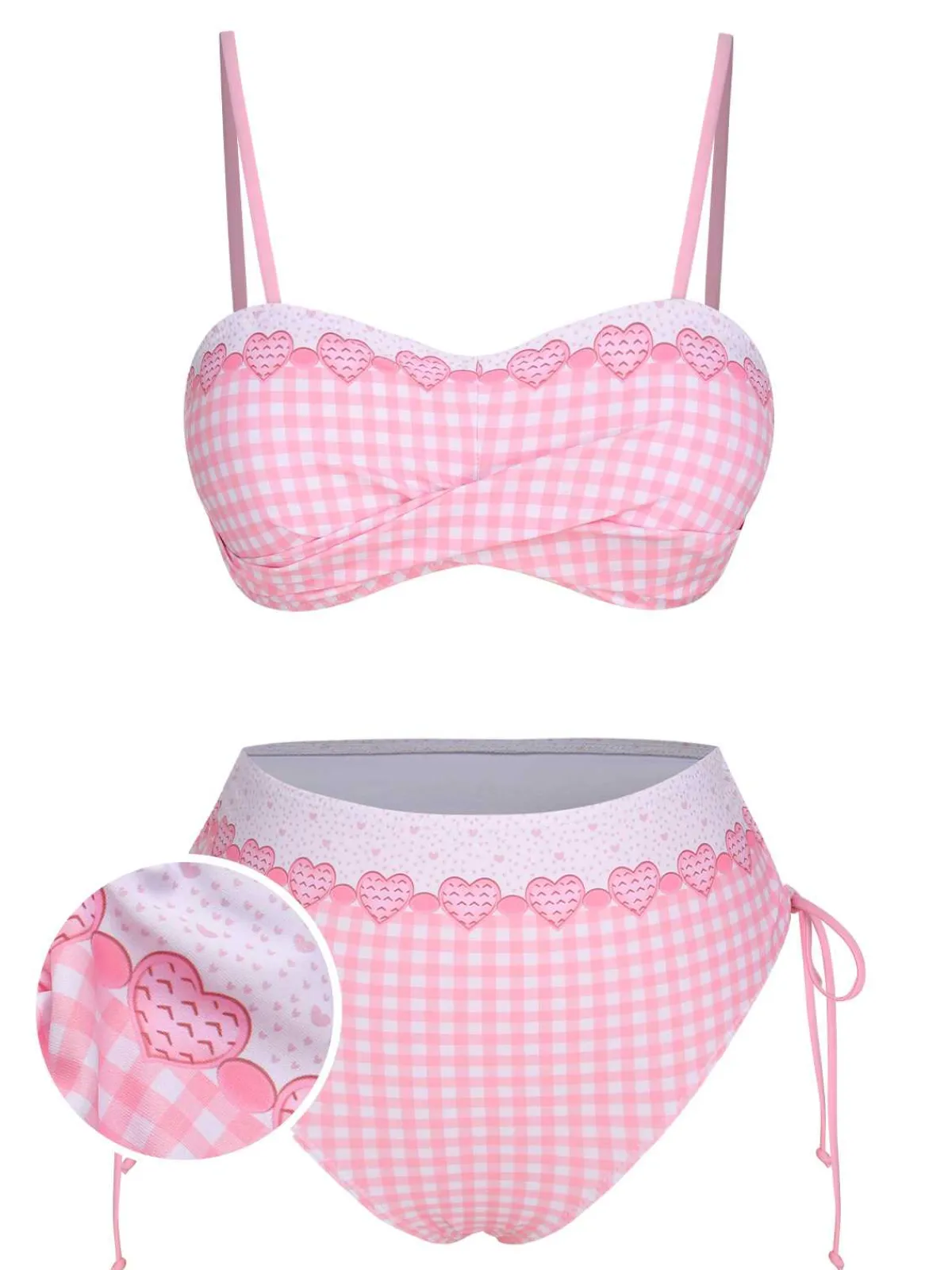Fashion Retro Stage 1950s Spaghetti Strap Heart Plaids Swimsuit Pink