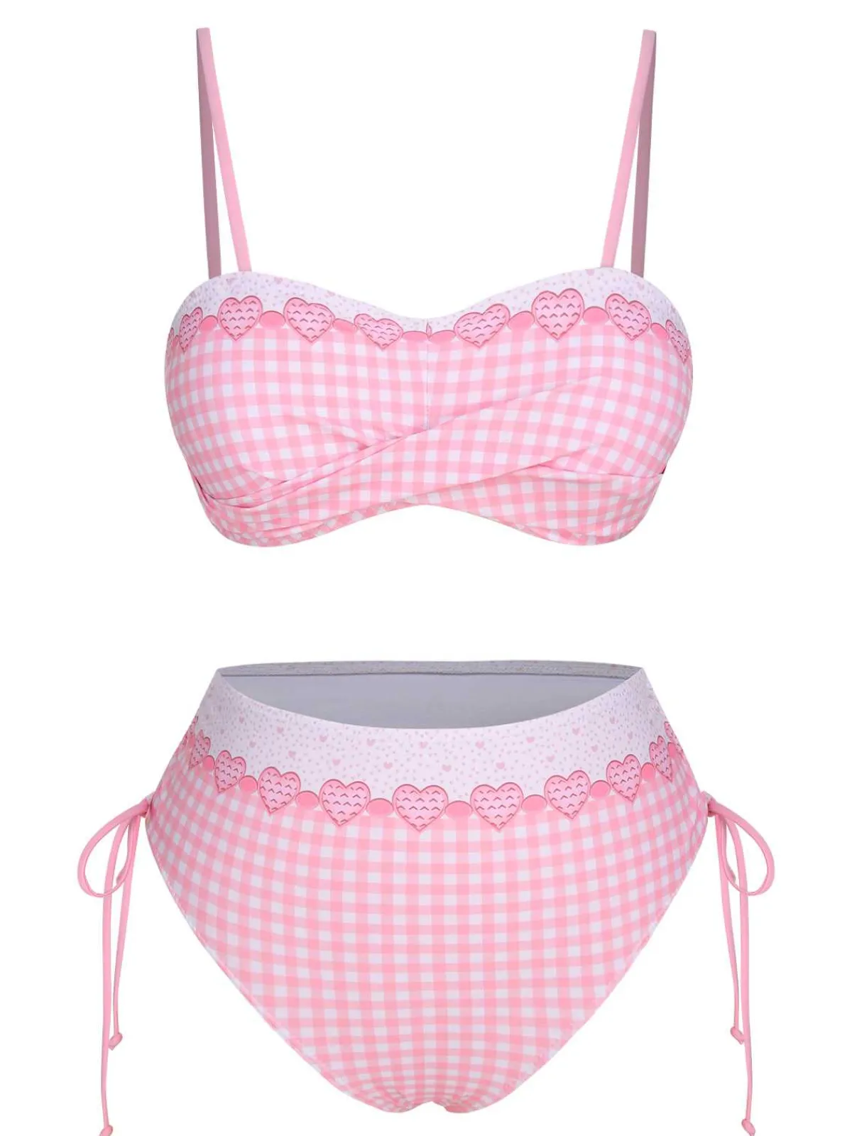 Fashion Retro Stage 1950s Spaghetti Strap Heart Plaids Swimsuit Pink