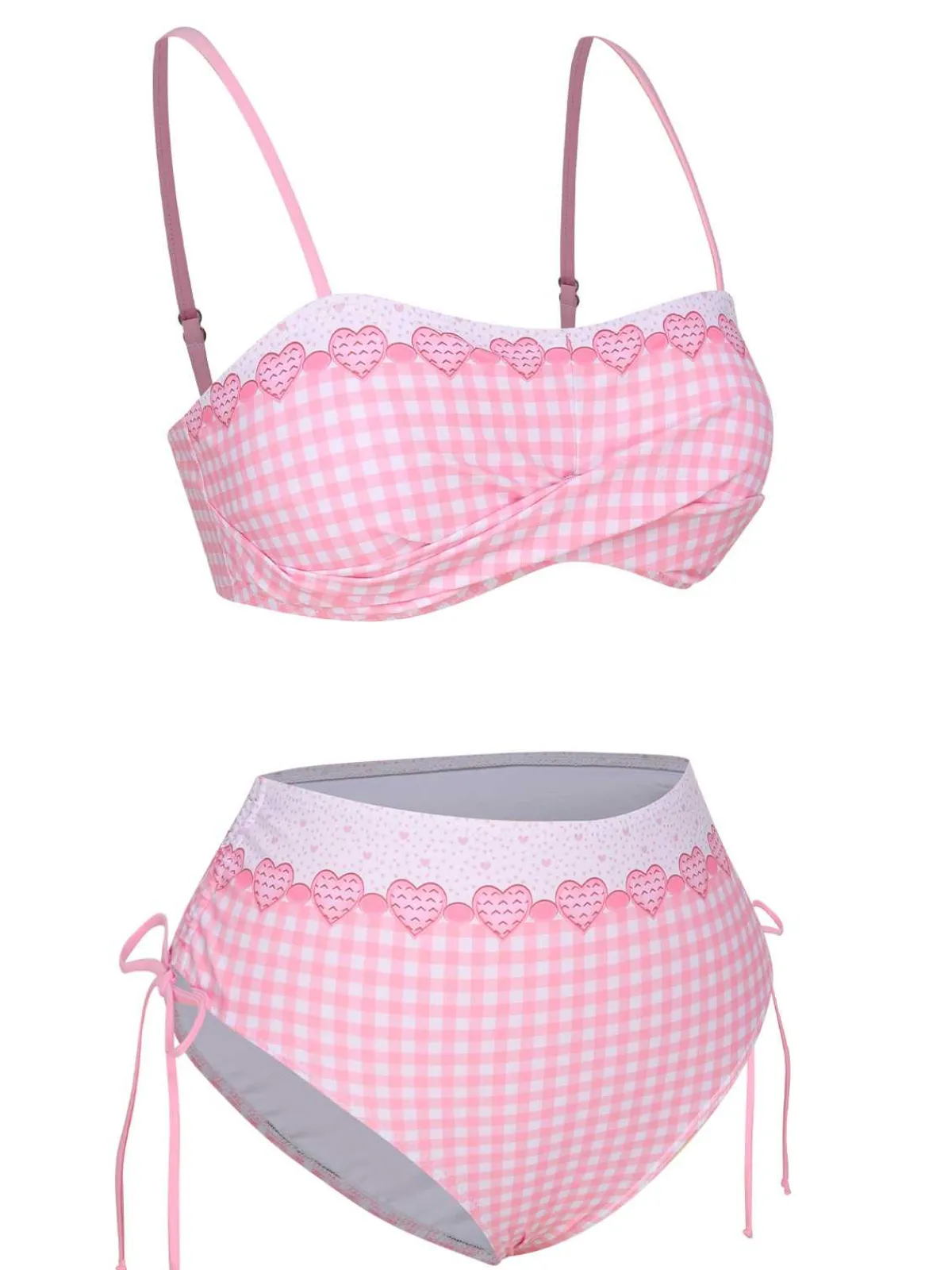 Fashion Retro Stage 1950s Spaghetti Strap Heart Plaids Swimsuit Pink