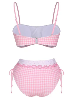 Fashion Retro Stage 1950s Spaghetti Strap Heart Plaids Swimsuit Pink