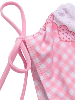 Fashion Retro Stage 1950s Spaghetti Strap Heart Plaids Swimsuit Pink