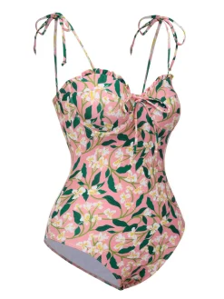 Online Retro Stage 1950s Spaghetti Strap Plants Print Swimsuit Pink