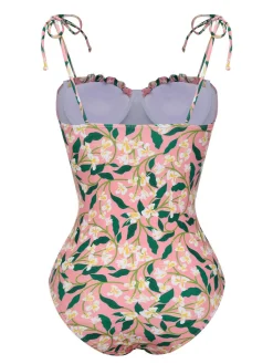 Online Retro Stage 1950s Spaghetti Strap Plants Print Swimsuit Pink