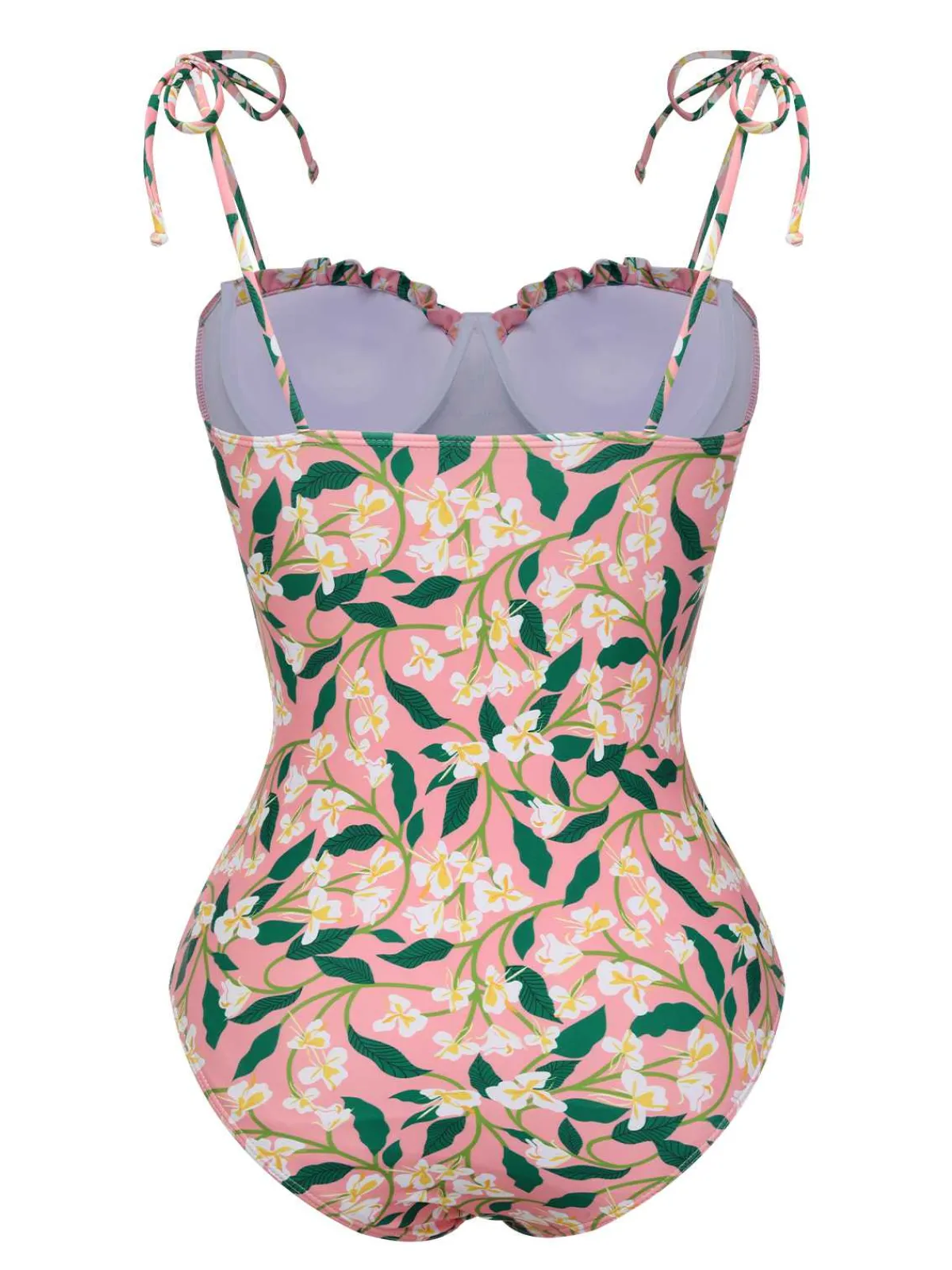 Online Retro Stage 1950s Spaghetti Strap Plants Print Swimsuit Pink