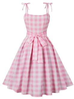 Hot Retro Stage 1950s Spaghetti Strap Plaid Swing Dress Pink