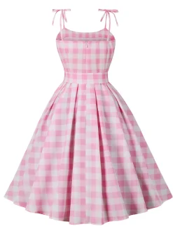 Hot Retro Stage 1950s Spaghetti Strap Plaid Swing Dress Pink