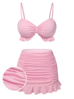 Sale Retro Stage 1950s Spaghetti Strap Ruffle Solid Swimsuit Pink