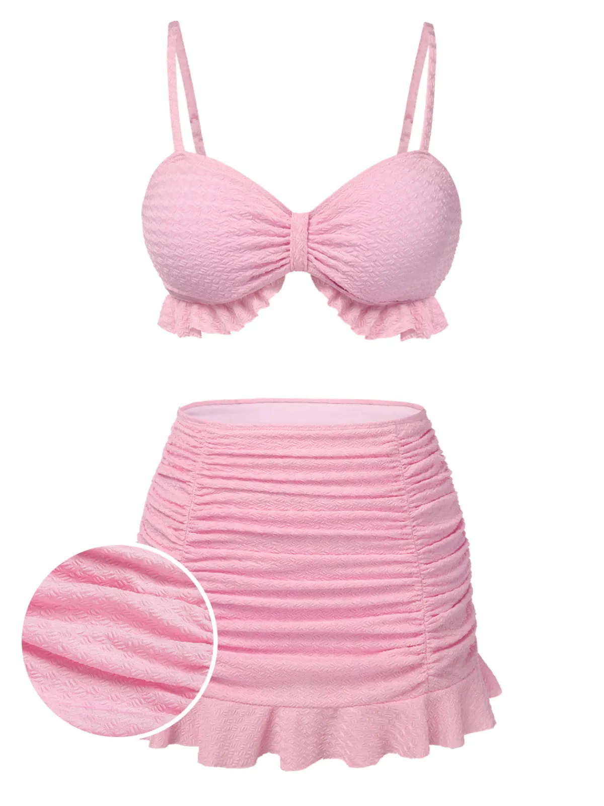 Sale Retro Stage 1950s Spaghetti Strap Ruffle Solid Swimsuit Pink