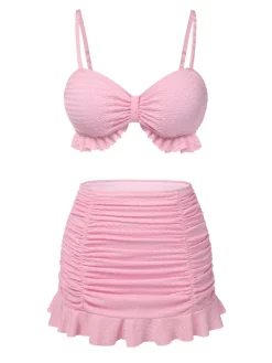 Sale Retro Stage 1950s Spaghetti Strap Ruffle Solid Swimsuit Pink