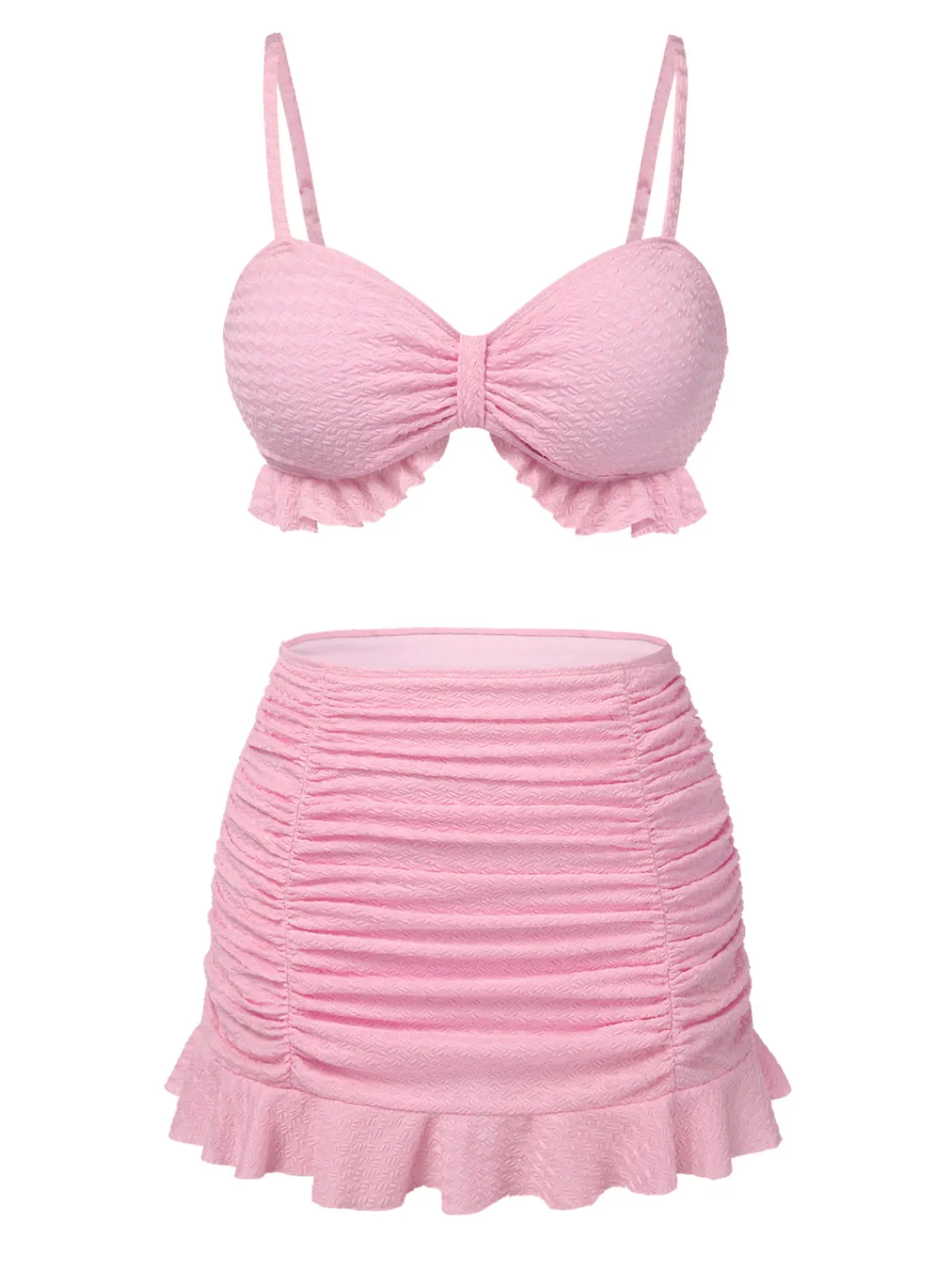 Sale Retro Stage 1950s Spaghetti Strap Ruffle Solid Swimsuit Pink