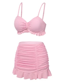 Sale Retro Stage 1950s Spaghetti Strap Ruffle Solid Swimsuit Pink