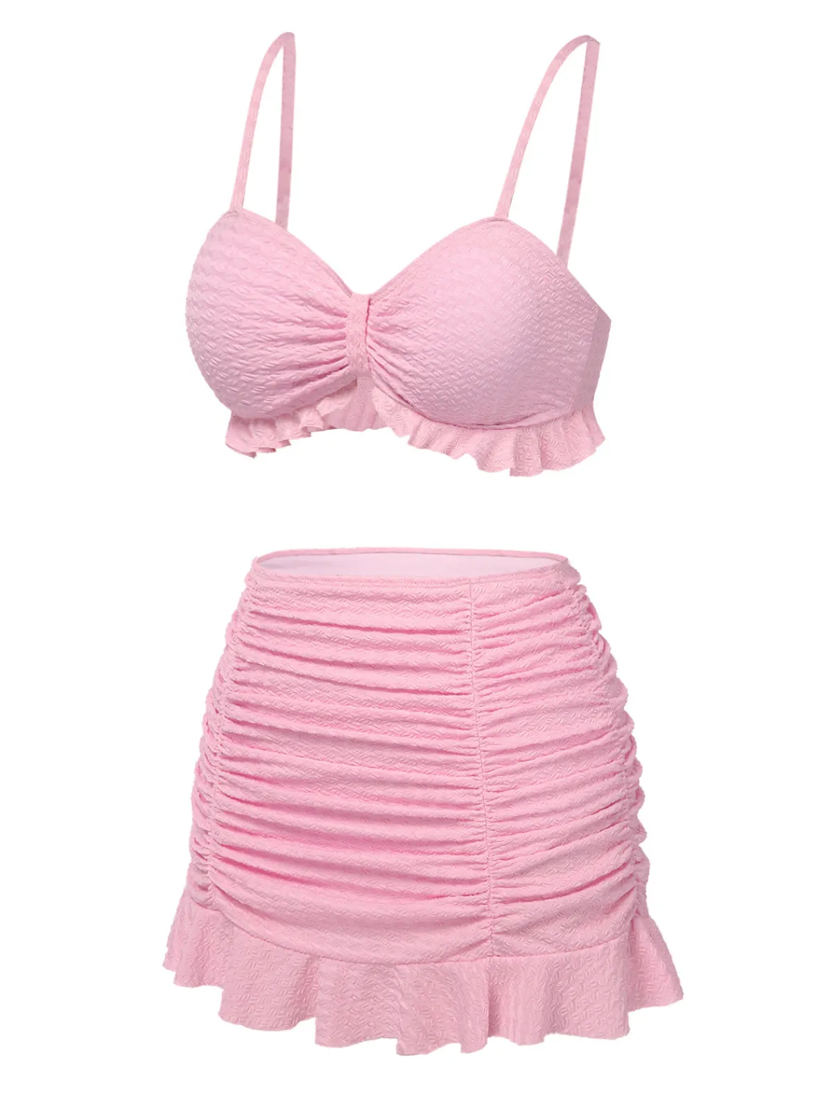 Sale Retro Stage 1950s Spaghetti Strap Ruffle Solid Swimsuit Pink