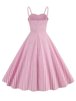 Outlet Retro Stage 1950s Spaghetti Strap Stripes Swing Dress Pink