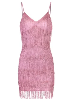 Fashion Retro Stage 1920s Spaghetti Strap V-Neck Fringe Dress Pink
