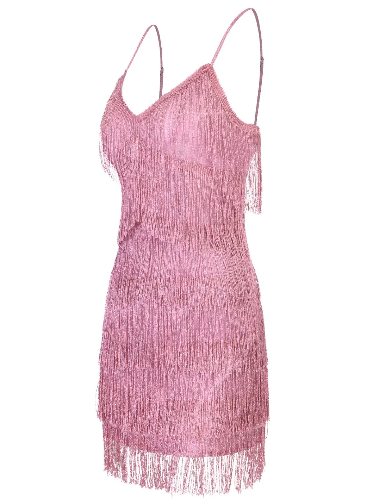 Fashion Retro Stage 1920s Spaghetti Strap V-Neck Fringe Dress Pink