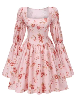 Fashion Retro Stage 1960s Square Neck Floral Skater Dress Pink