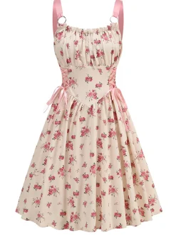 Online Retro Stage 1950s Strap Ditsy Floral Lace-Up A-Line Dress Pink
