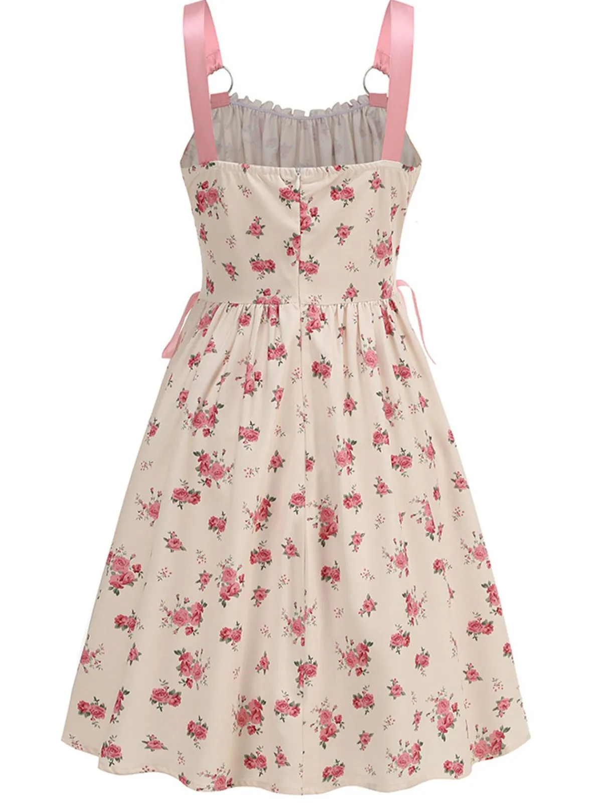 Online Retro Stage 1950s Strap Ditsy Floral Lace-Up A-Line Dress Pink