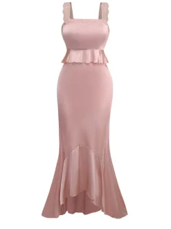 Sale Retro Stage 1930s Strap Lace Ruffles Satin Mermaid Dress Pink