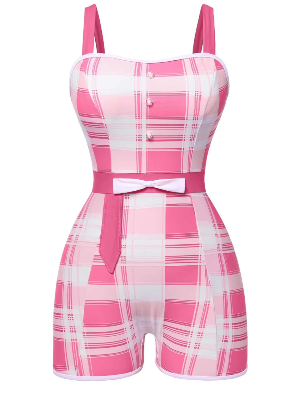 Discount Retro Stage 1950s Strap Plaids Bow One-Piece Swimsuit Pink
