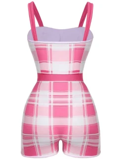 Discount Retro Stage 1950s Strap Plaids Bow One-Piece Swimsuit Pink