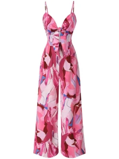Sale Retro Stage 1970s Strap Psychedelic Print Front-Tie Jumpsuit Pink