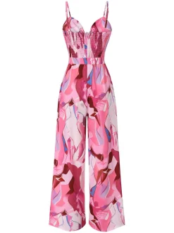 Sale Retro Stage 1970s Strap Psychedelic Print Front-Tie Jumpsuit Pink