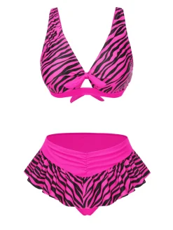 Sale Retro Stage 1950s Strap Zebra Print Bikini Set Pink