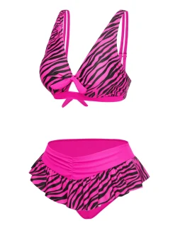 Sale Retro Stage 1950s Strap Zebra Print Bikini Set Pink