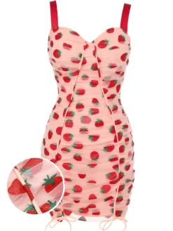 Hot Retro Stage 1960s Strawberry Drawstring Strap Pencil Dress Pink