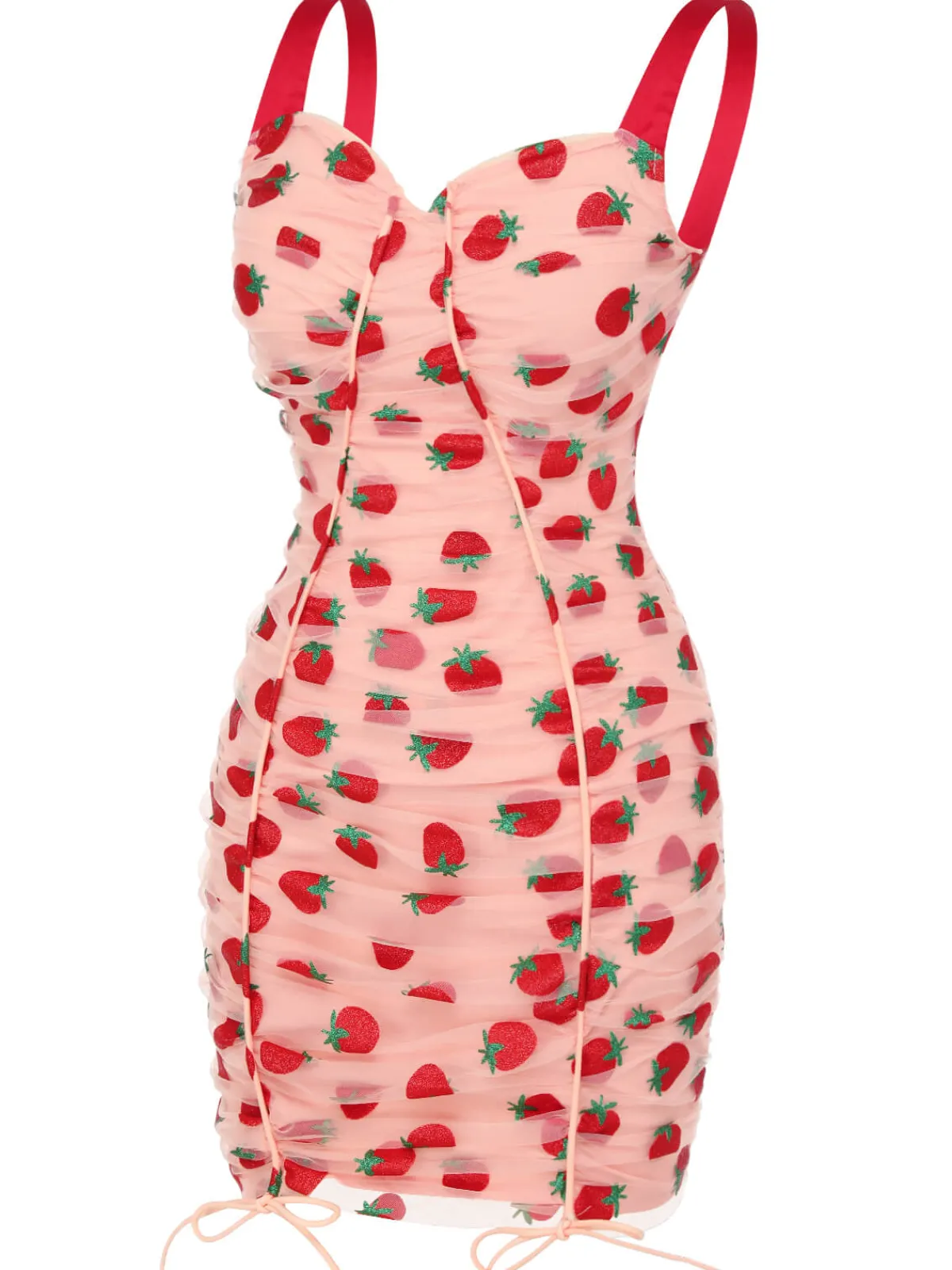 Hot Retro Stage 1960s Strawberry Drawstring Strap Pencil Dress Pink