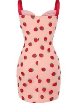 Hot Retro Stage 1960s Strawberry Drawstring Strap Pencil Dress Pink