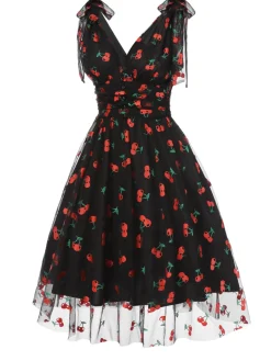 Best Retro Stage Pink 1950s Strawberry Mesh Swing Dress