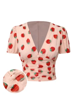 New Retro Stage 1950s Strawberry Mesh V-Neck Top Pink