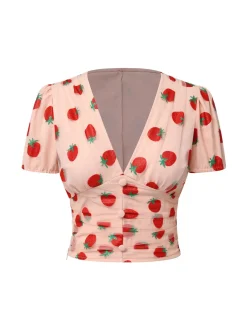 New Retro Stage 1950s Strawberry Mesh V-Neck Top Pink