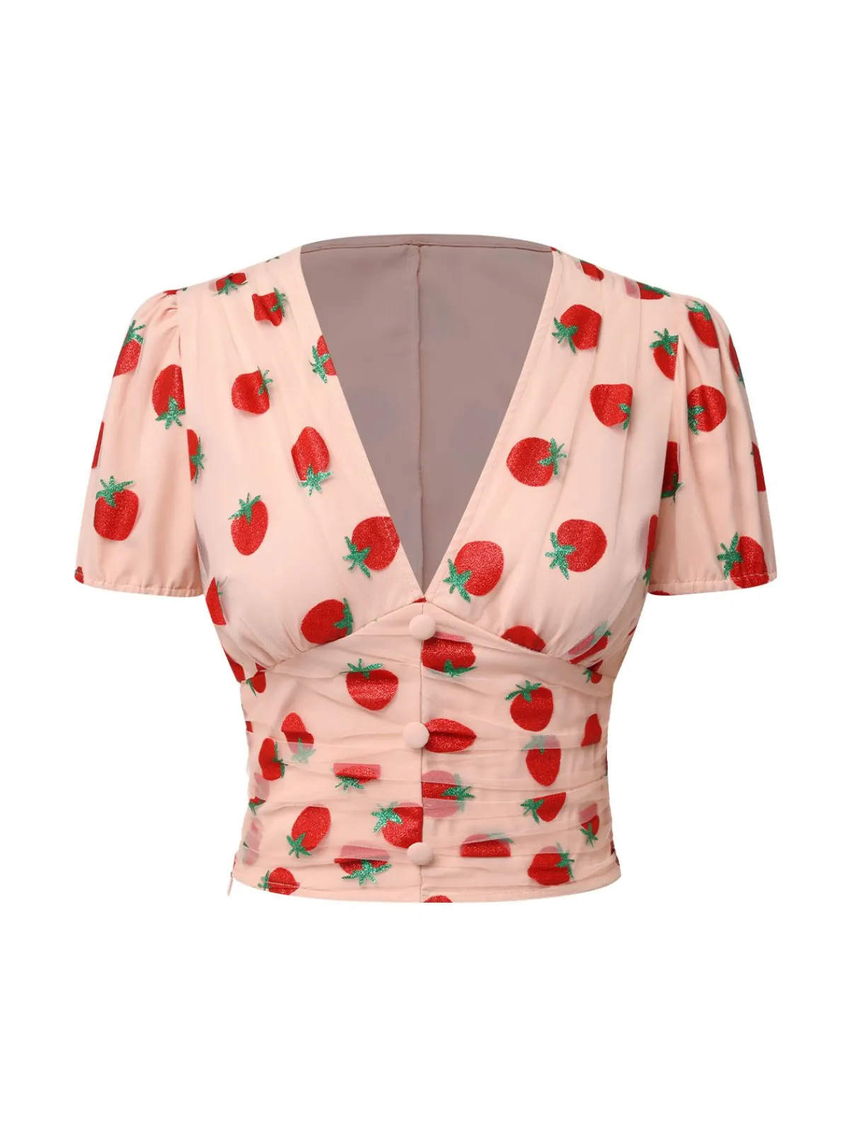 New Retro Stage 1950s Strawberry Mesh V-Neck Top Pink