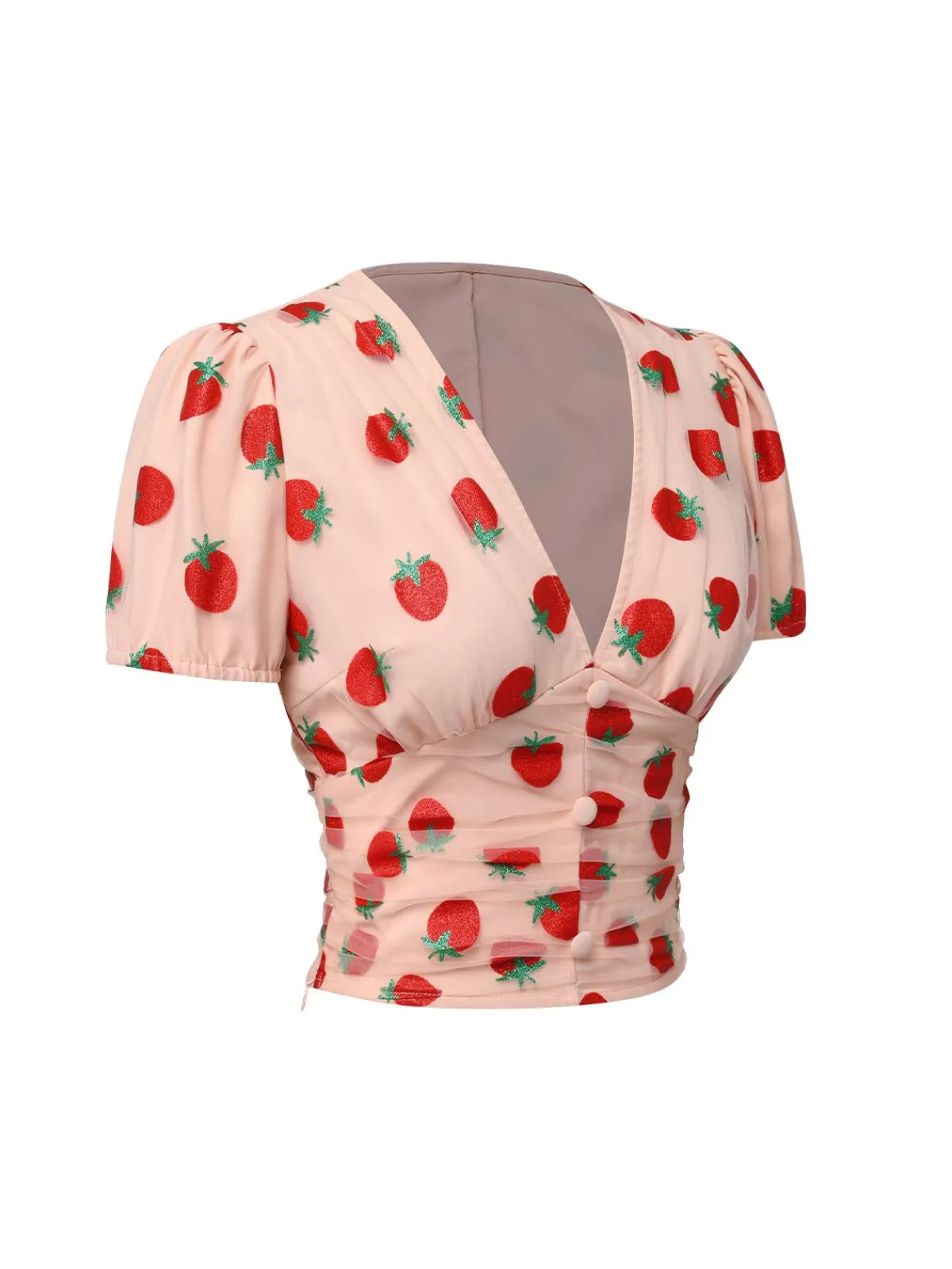 New Retro Stage 1950s Strawberry Mesh V-Neck Top Pink