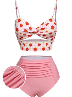 Sale Retro Stage 1960s Strawberry Plaid Halter Swimsuit Pink