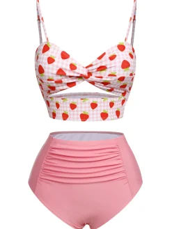 Sale Retro Stage 1960s Strawberry Plaid Halter Swimsuit Pink