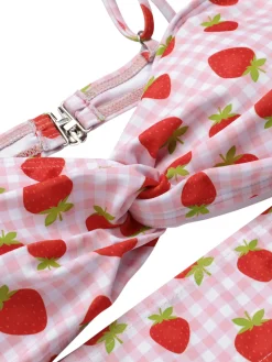 Sale Retro Stage 1960s Strawberry Plaid Halter Swimsuit Pink