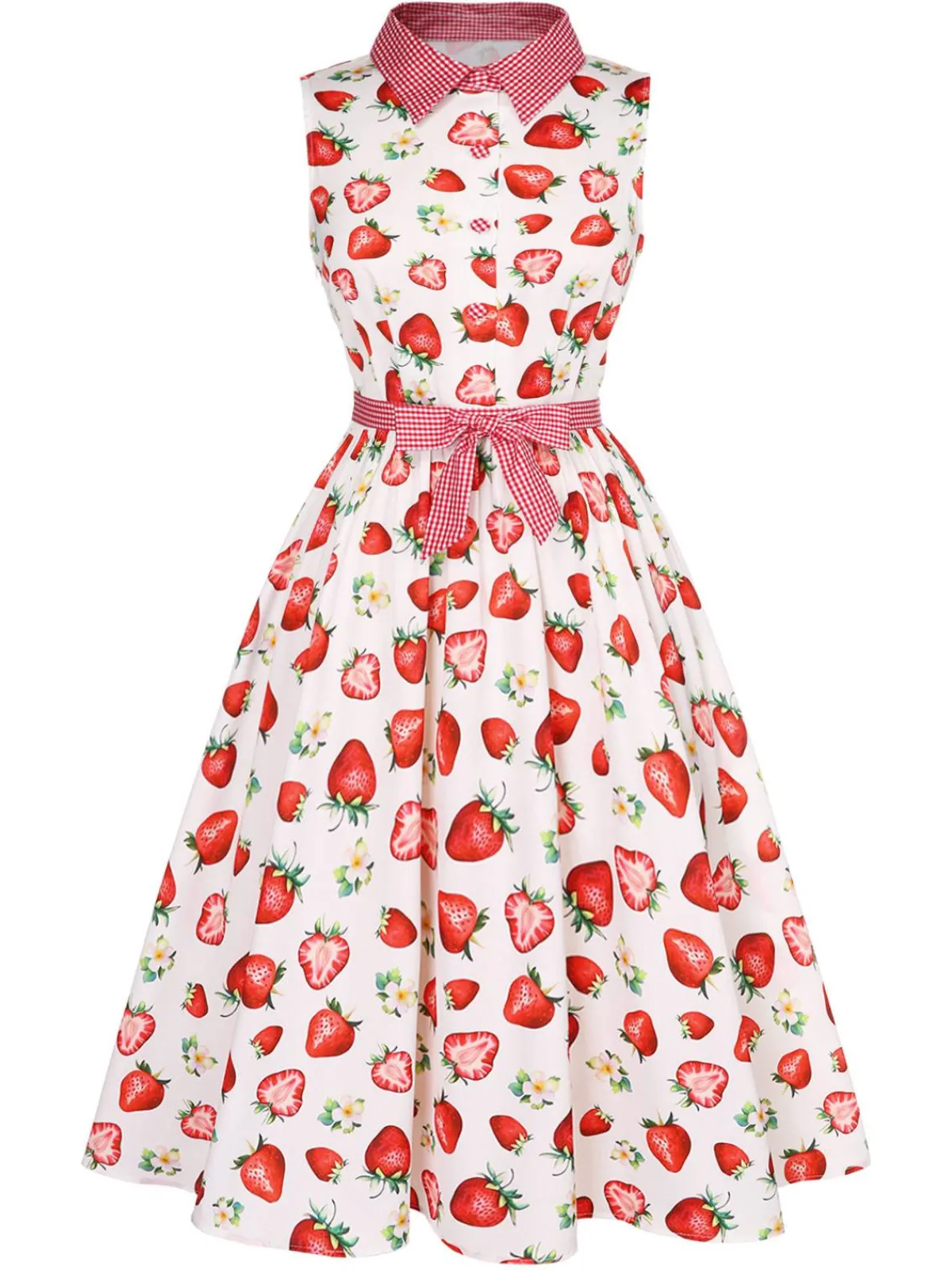 Best Retro Stage 1940s Strawberry Plaid Shirt Collar Dress Pink