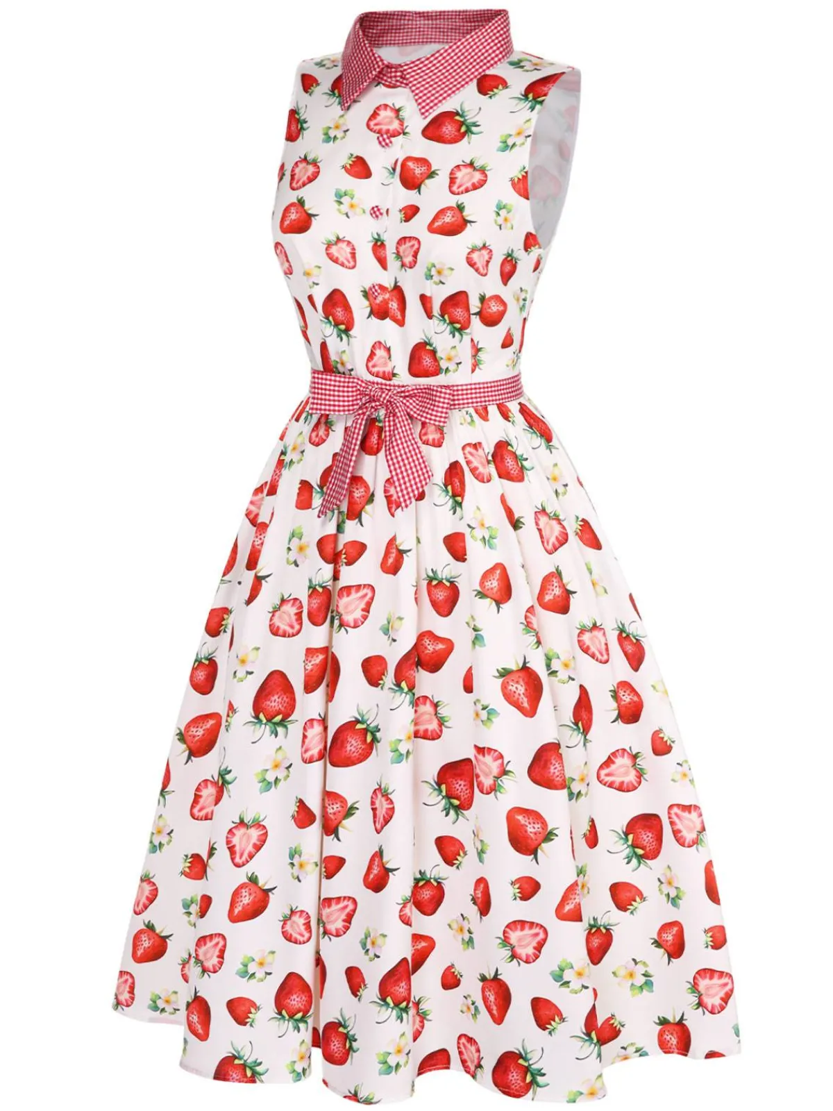 Best Retro Stage 1940s Strawberry Plaid Shirt Collar Dress Pink