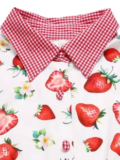 Best Retro Stage 1940s Strawberry Plaid Shirt Collar Dress Pink