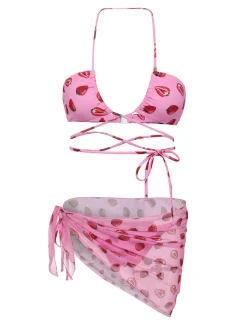 Outlet Retro Stage 1950s Strawberry Waist Tie Halter Bikini Set Pink