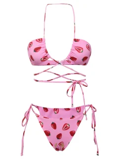 Outlet Retro Stage 1950s Strawberry Waist Tie Halter Bikini Set Pink