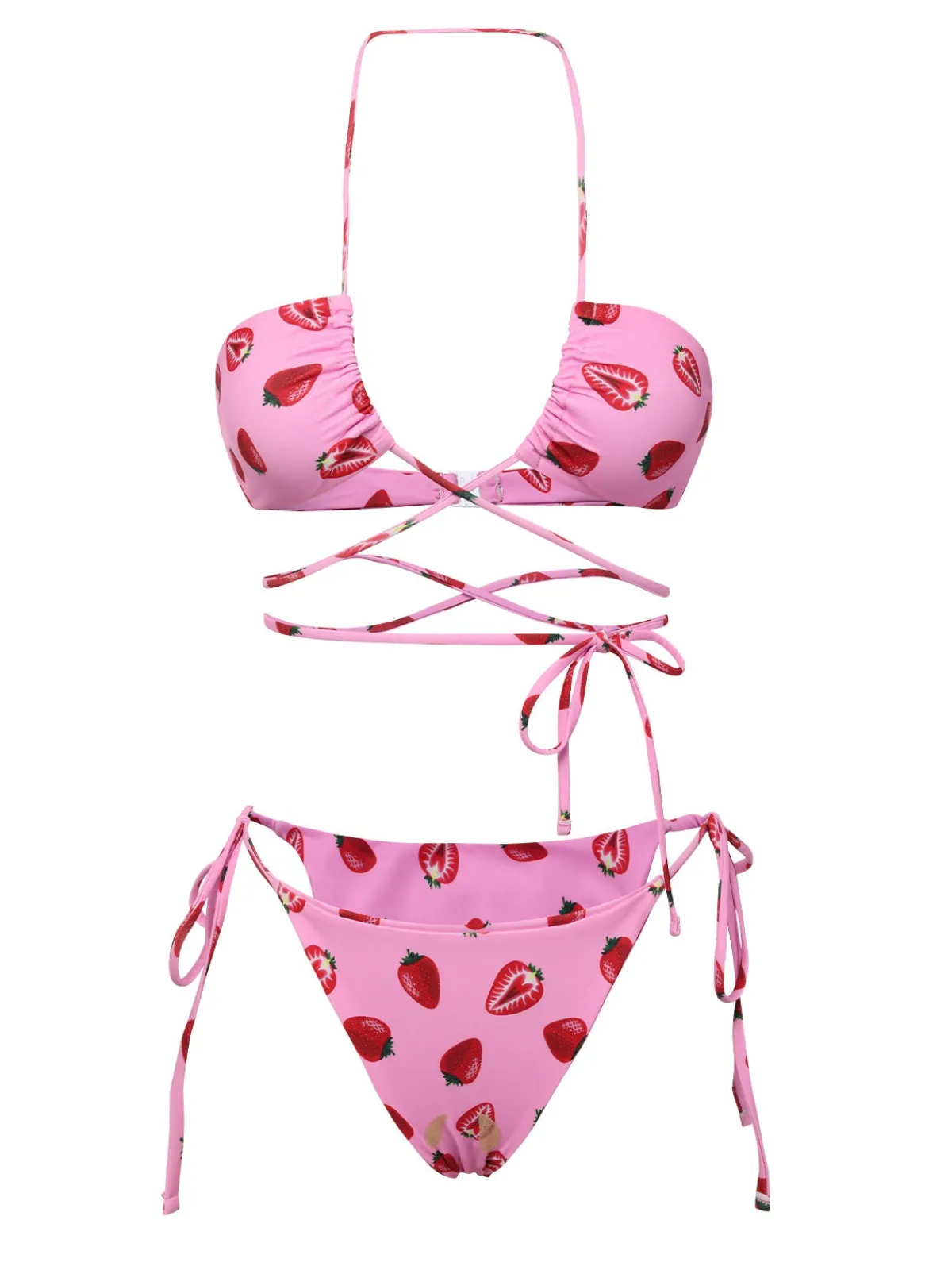 Outlet Retro Stage 1950s Strawberry Waist Tie Halter Bikini Set Pink