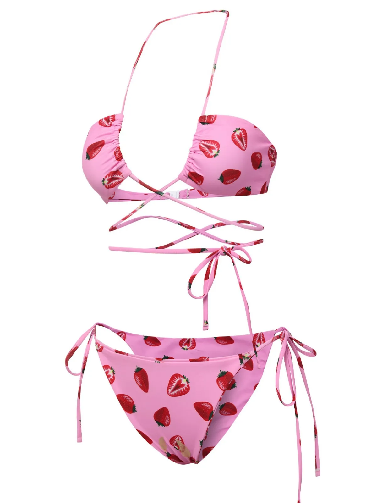 Outlet Retro Stage 1950s Strawberry Waist Tie Halter Bikini Set Pink