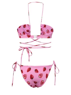 Outlet Retro Stage 1950s Strawberry Waist Tie Halter Bikini Set Pink