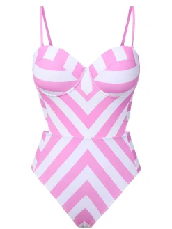 Outlet Retro Stage 1940s Striped Bandeau One-Piece Swimsuit Pink