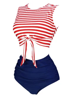 Online Retro Stage Pink 1970s Striped Waist Tie Patchwork Swimsuit